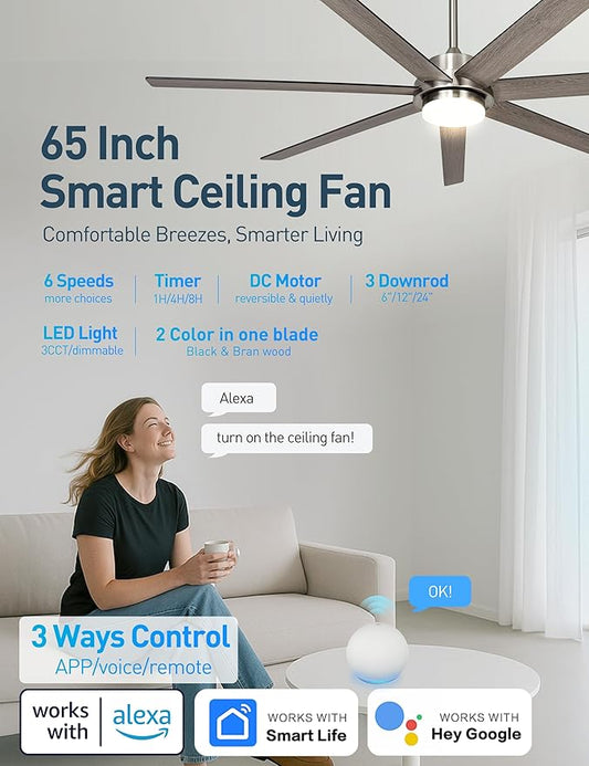 Minislak 65 Inch Large Smart Ceiling Fan with Light and Remote via WIFI Alexa APP Control,Dimmable,Quiet DC Motor Indoor Outdoor Ceiling Fans for Patios or Bedroom