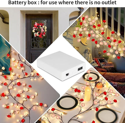 FNHMSL Rose Blossom Enchanted Willow Vine Lights, 7.55FT 144LED 3 Color Rose Blossom Tree Branch Lights for Wall, Remote Timer,8 Light Model,Bedroom Wall Doors Wedding, Christmas, USB Battery Box