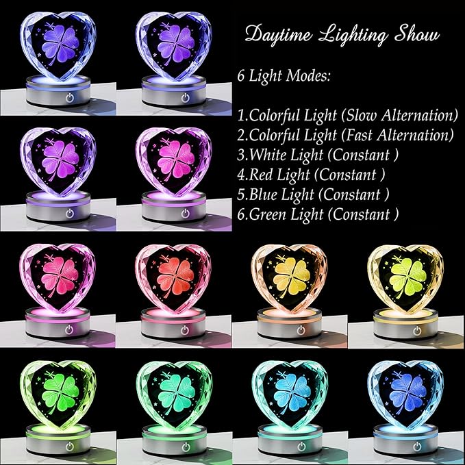 Qianwei 3D Four Leaf Clover 80mm Heart Shape Good Luck Gifts Ideas with Multicolor Lighting Base - Irish Gifts for Women Decor 4 Leaf Clover