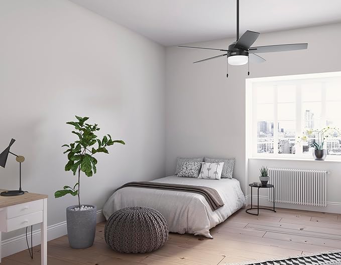 Hunter 52 inch Indoor Ceiling Fan with LED Light - Black Ceiling Fan with Pull Chain, For Bedroom or Living Room, Standard Mount, No Remote, 5 Blades, Includes Bulbs - Anisten 52485, Matte Black