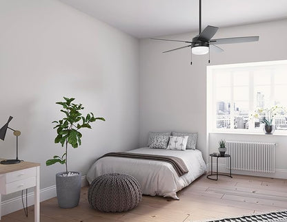 Hunter 52 inch Indoor Ceiling Fan with LED Light - Black Ceiling Fan with Pull Chain, For Bedroom or Living Room, Standard Mount, No Remote, 5 Blades, Includes Bulbs - Anisten 52485, Matte Black