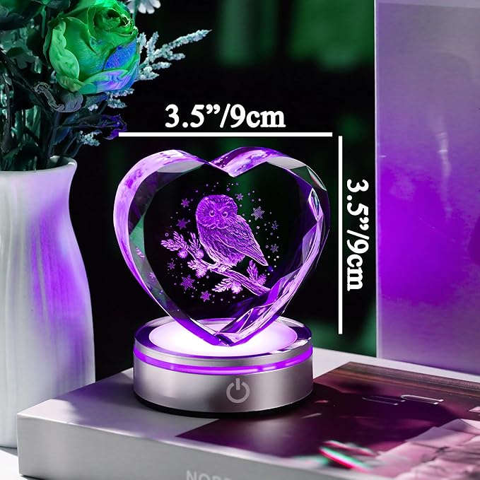 Qianwei Owl Gifts for Women 3D Crystal Heart - Laser Owl Decor Glass Animals Bird Gifts Figurines Statue Stuff for Room Decorations Bird Night Light