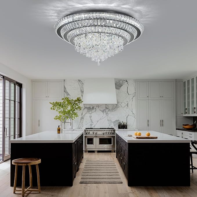 30 inch Crystal Flush Mount Black Chandelier, Modern Raindrop LED Ceiling Light, 3CCT Dimmable & Brightness Adjustable,Remote/APP ,Elegant Chandeliers for Bedroom Hallway Dinning Room Living Room