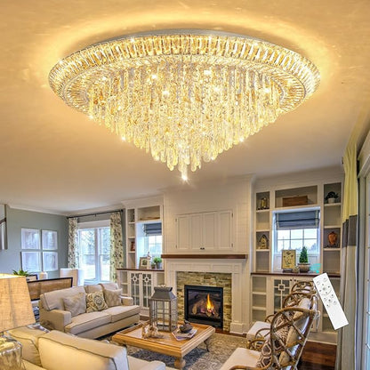 Modern LED Crystal Chandelier for Living Room Dimmable Large Ceiling Light Fixture Round Raindrop Chandeliers for Dining Room Entryway Bedroom Foyer Silver
