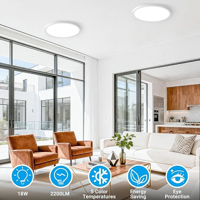 8 Pack LED Flush Mount Ceiling Light,9Inch 18W,3000K/3500K/4000K/5000K/6500K 5 Color Temperatures Ceiling Light Fixture for Kitchen Porch Hallway Bedroom Bathroom and Closet,White