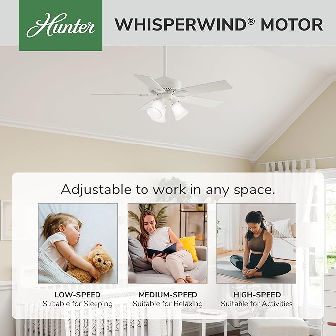Hunter 44 inch Indoor Ceiling Fan with LED Lights - White Ceiling Fan with Pull Chain, For Bedroom, Living Room, or Kitchen, Standard Mount, No Remote, 5 Blades - Swanson 50885, Fresh White