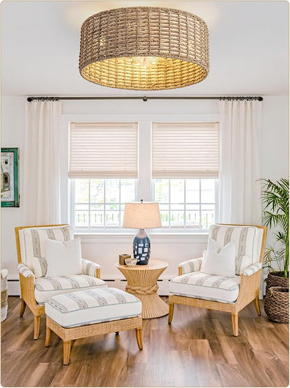 Handwoven Boho Rattan Ceiling Fan with Light,Flush Mount Caged Ceiling Fans with Lights and Remote Control,Low Profile Enclosed 6 Speeds Fandelier for Bedroom Living Dining Room,4-Light