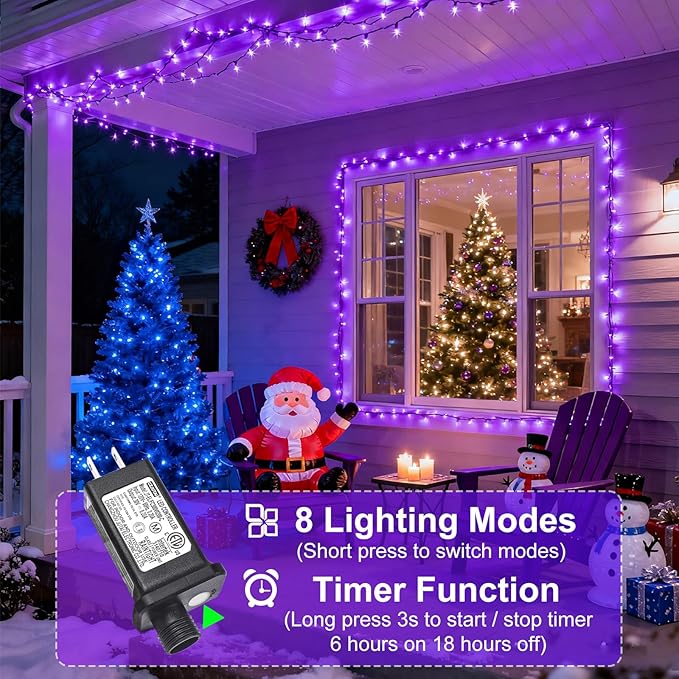 Purple Christmas Lights Outdoor, 66FT 200 LED String Lights for Outside Waterproof, 8 Modes Connectable Fairy Lights Green Wire for Indoor Home Garden Patio Party Holiday Decorations