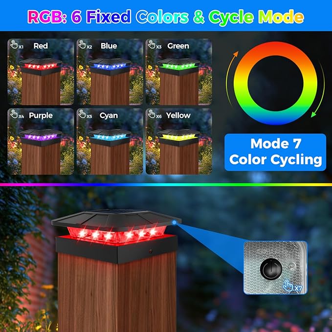 Peasur 4x4 Post Solar Lights RGB Color Changing, 6 Packs Waterproof LED Solar Cap Lights for 4×4/3.5×3.5 Wood/Vinyl Posts, Post Top Lighting Outdoor for Fence Deck Mailbox Porch Railing