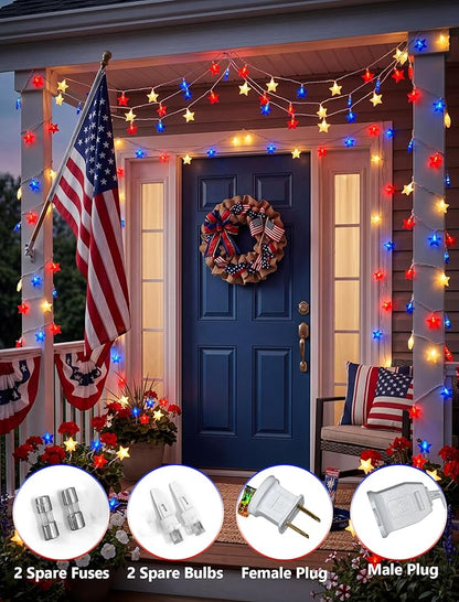 LED Red White Blue Star String Lights Plug in, 8.5Ft 4th of July Decorations Lights with 10 LED Star Light, Hanging Patriotic Outdoor Lights for Independence Day Window Home Patio Party Garden Decor