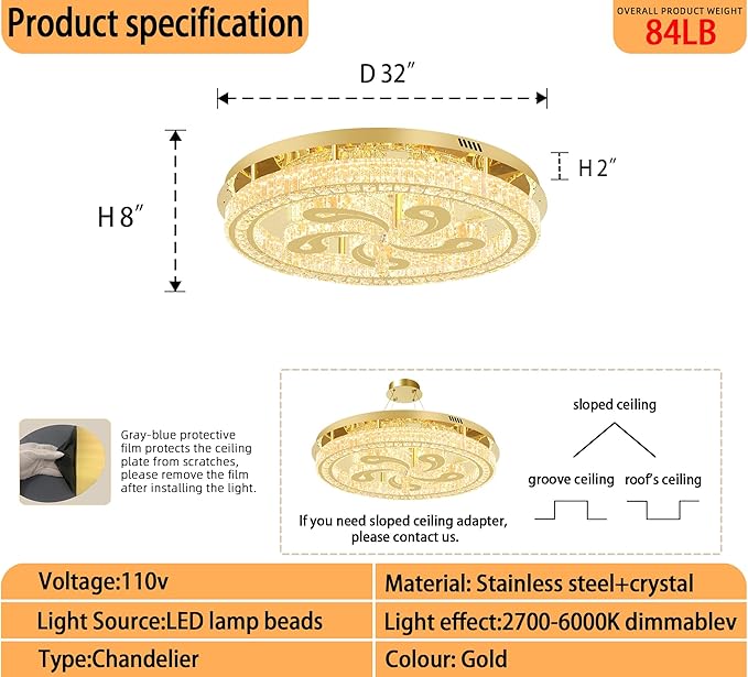 Modern Crystal Chandeliers for Dining Room Flush Mount Ceiling Chandelier for Living Room Dining Room Ring LED Crystal Ceiling Light (Round,32in Gold,Dimmable 2700K-6500K)