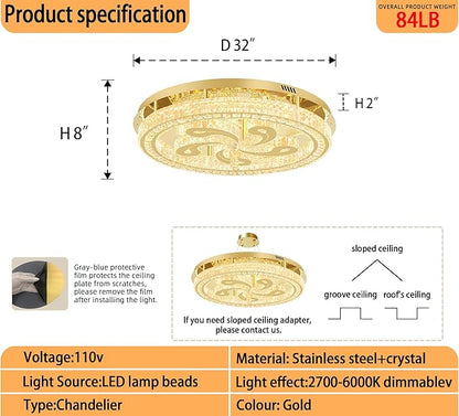 Modern Crystal Chandeliers for Dining Room Flush Mount Ceiling Chandelier for Living Room Dining Room Ring LED Crystal Ceiling Light (Round,32in Gold,Dimmable 2700K-6500K)