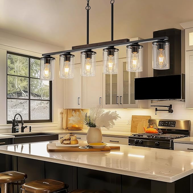 2026 Upgrade 40.15'' Large Dining Room Chandelier Over Table, 6-Light Wood Island Lights for Kitchen Island Lighting, Farmhouse Dining Room Light Fixture Black Farmhouse Chandeliers for Dining Room