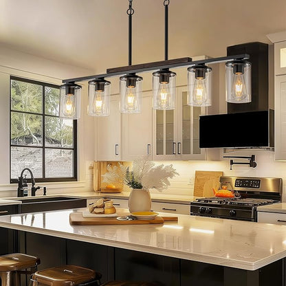2026 Upgrade 40.15'' Large Dining Room Chandelier Over Table, 6-Light Wood Island Lights for Kitchen Island Lighting, Farmhouse Dining Room Light Fixture Black Farmhouse Chandeliers for Dining Room