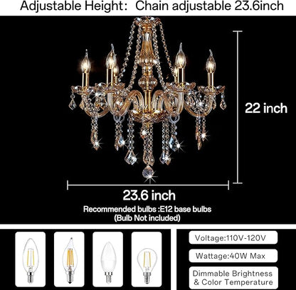 Bagood Champagne 6 Lights K9 Crystal Candle Chandeliers Lighting Modern Pendant Lights Candle Chandelier Lighting Crystal Modern Chandelier for Dining Living Room Bedroom E12 Base, H22 x W23.6 Inch