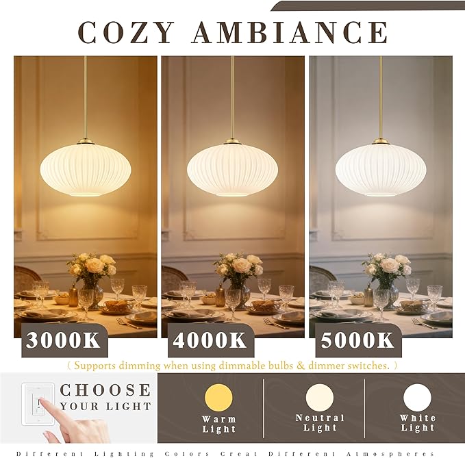 10" Milky White Glass Modern Pendant Light Kitchen Island Brushed Gold Mid Century Modern Pendant Lighting with Frosted Glass Hanging Pendants Light for Bedroom（Bulb Incl.）