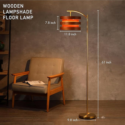 O’Bright Strata Wooden Floor Lamp - Mid Century Modern Standing Lamp with Layered Wood Shade, Tall Reading Lamp for Living Room, Bedroom, Office, Antique Brass, Dark Oak, Horizon Shade
