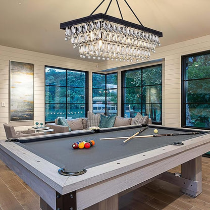 TOCHIC Crystal Dining Room Chandelier Over Table, Black Linear Rectangle Chandeliers, 7 Lights Modern Farmhouse Pool Table Billiard Light Fixture for Kitchen Island, Living Room, Entryway, 38" L
