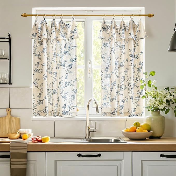 jinchan Floral Linen Kitchen Curtains with Attached Valance 36 Inch Length Farmhouse Cafe Tier Curtains for Living Room Bathroom Rustic Half Window Light Filtering Small Drapes 2 Panels Blue