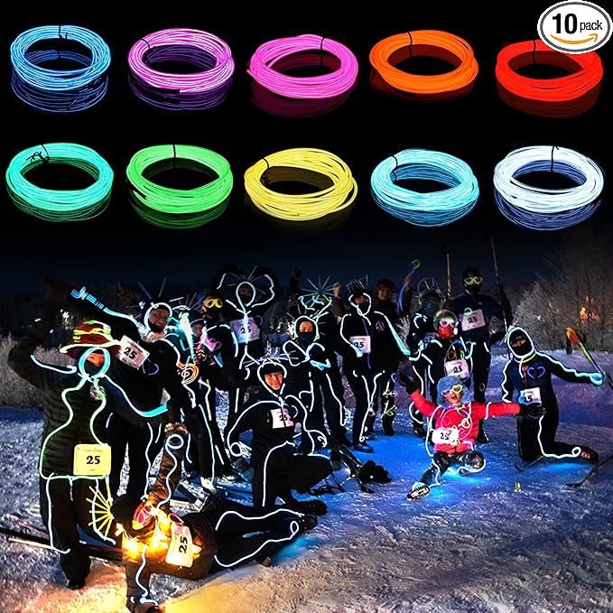 EL Wire 10 Pack-9.8ft Portable Neon Rope Lights Strip-Wearable Battery Pack Body Light-360°Illumination-Super Bright-Cuttable-DIY for Halloween Christmas Festival Party Bar Cosplay Costume
