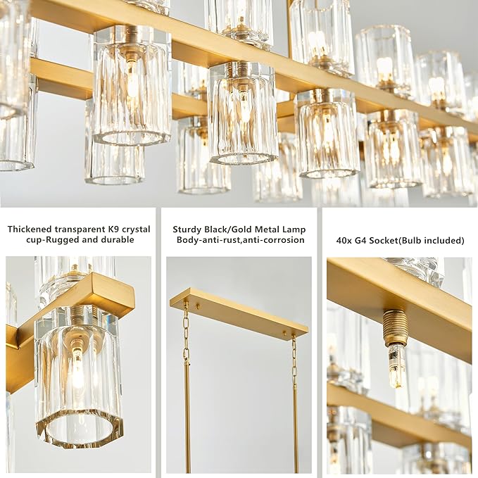 Gold Rectangular Crystal Chandelier for Dining Room, 53 in Light Fixture Chandelier Over Table, Modern Crystal Chandelier Pendant Light for Kitchen Island Living Room