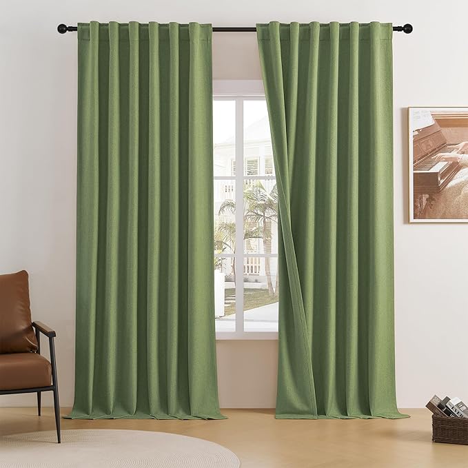 DUALIFE Back Tab Curtains 132 Inch Length-Pocket Hook Belt Linen Long Drapes for High Ceiling Loft Living Room Thermal Insulated Light Blocking Drapes for Bedroom 2 Panels Set 50X132 Inches Sage Green