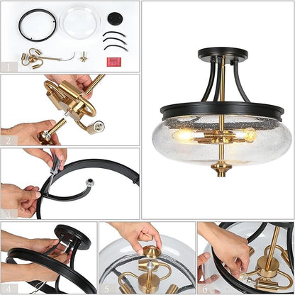 classy leaves Semi Flush Mount Ceiling Light, Black Gold Close to Ceiling Light Fixture 3 Light Modern Farmhouse Ceiling Light with Seeded Glass for Kitchen Bedroom Hallway Entryway