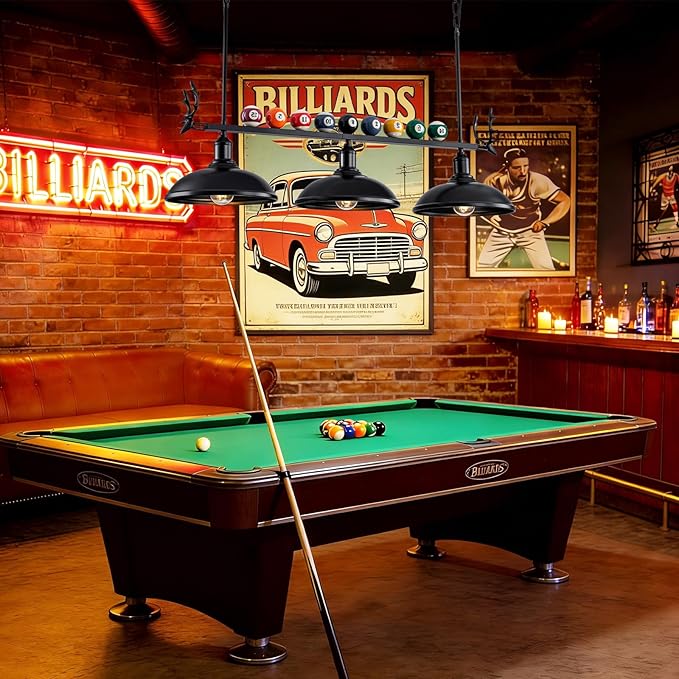 Billiard Lighting Hanging Restaurant Pendant: Pool Table Light for 7'-8' Table,3 Light Modern with Black Metal Shade Pendant Lighting Fixture for Billiards Room,Game Room,Kitchen Island (38 inch)