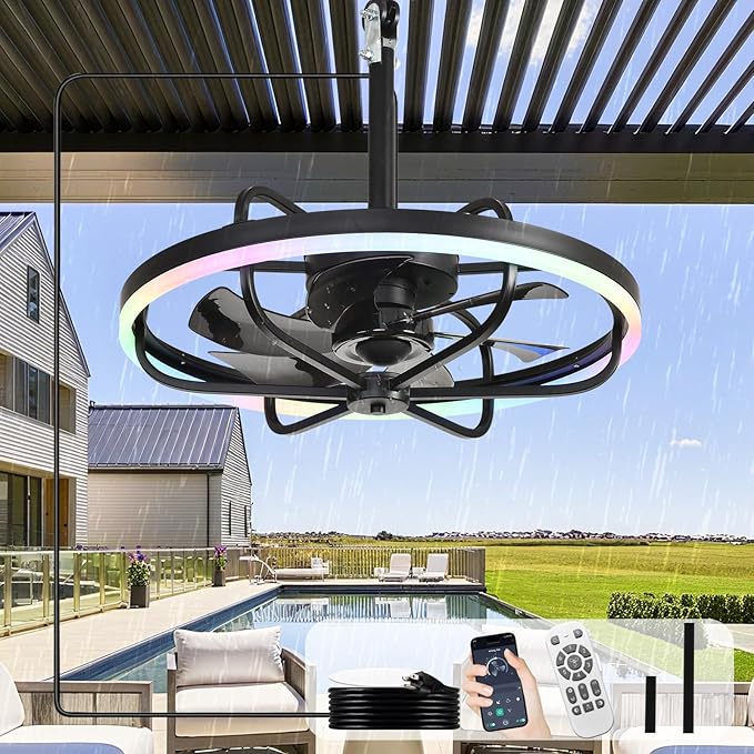 Depuley 20" Outdoor Ceiling Fan with Light: RGB Waterproof Gazebo Hanging Fan with Remote App Control - Dimmable Plug in Caged outdoor Ceiling Fans for patios Porch 6 Speeds
