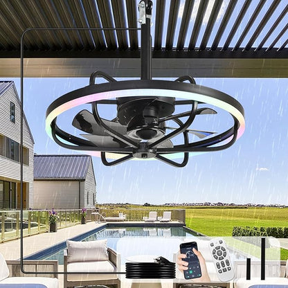 Depuley 20" Outdoor Ceiling Fan with Light: RGB Waterproof Gazebo Hanging Fan with Remote App Control - Dimmable Plug in Caged outdoor Ceiling Fans for patios Porch 6 Speeds