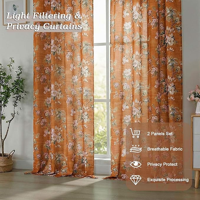 Simplebrand Orange Floral Curtains 63 Inch Length 2 Panels, Faux Linen Textured Semi Light Filtering Farmhouse Curtains & Drapes, Soft Airy Slub Window Curtains for Living Room Bedroom, Each 40"Wx63"L