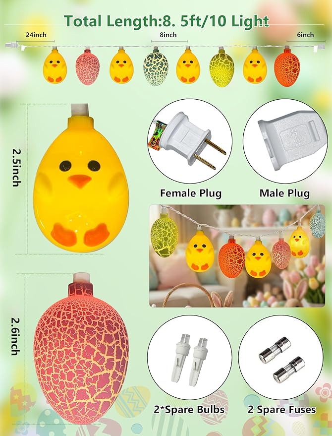 LED Easter Yellow Chicks Cracked Egg String Lights, 8.5Ft Plug in Eggs Lights Indoor Easter Decorations, 10 Multicolor Easter Fairy Lights for Outdoor Party Birthday Garden Spring Home Decor for Kids