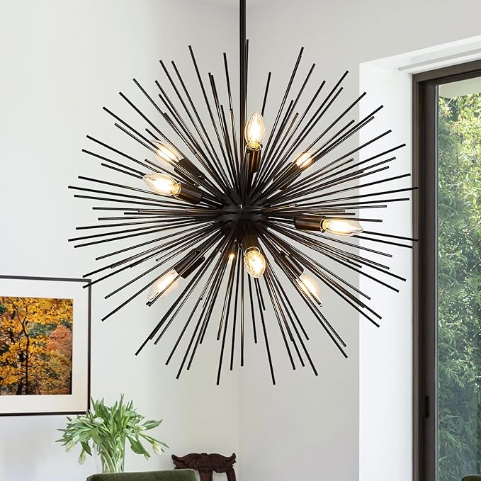 24in Black Sputnik Chandelier 9-Light Starburst Chandelier Light Fixture Solid Metal Mid-Century Modern Satellite Light Fixture for Dining Room Bedroom Bathroom Entryway Kitchen Island