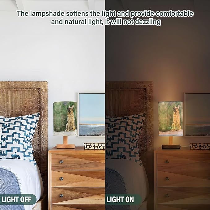 Table Lamp German Shepherd Dog Snowflake Nightstand Lamp with Wood Base Fabric Lamp Shade Bedside Desk Lamp for Living Room Bedroom Kids Room Office