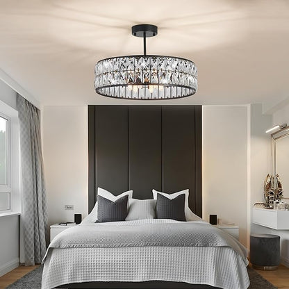 Modern Elegant 6-Light Black Crystal Chandelier, 18-Inch Oversized Round Semi Flush Mount Ceiling Light Fixture, Perfect for Enhancing Kitchen Island Ambiance & Stylish Entryway Décor