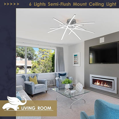 Semi Flush Mount Ceiling Light, 32.8” Dimmable LED Chandelier Modern Ceiling Lighting Fixture Dimmable Remote Control 6-Lights Lamp for Living Room Dining Room Bedroom 65W 3000K-6000K