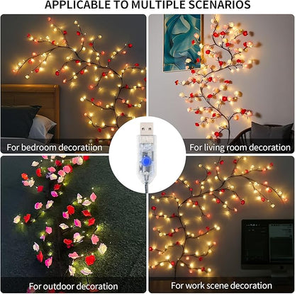 FNHMSL Rose Blossom Enchanted Willow Vine Lights, 7.55FT 144LED 3 Color Rose Blossom Tree Branch Lights for Wall, Remote Timer,8 Light Model,Bedroom Wall Doors Wedding, Christmas, USB Battery Box