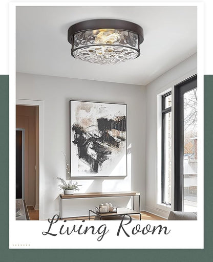 12-Inch Flush Mount Ceiling Light, Modern Farmhouse Style with Hammered Glass Shade, Oil Rubbed Bronze Finish, Ideal for Living Room, Bedroom, or Dining Room – Model CKCL4822-2W-HGORB