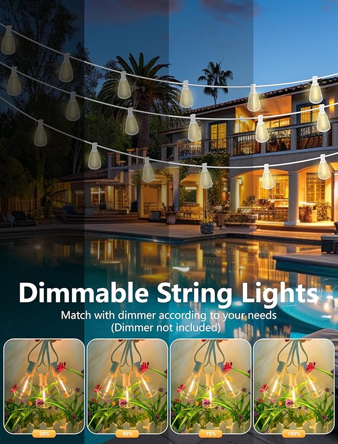 50FT Outdoor LED String Lights, White String Lights with 25 Shatterproof ST35 LED Vintage Edison Bulbs, Waterproof Hanging Patio Lights for Outside Backyard Garden