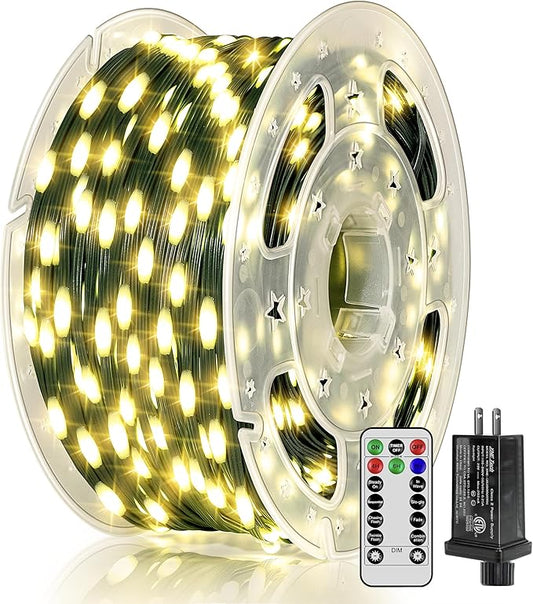 BrightChristmas 300 LED 98 FT Christmas Lights, Waterproof Outdoor String Lights with Remote and Timer, Christmas Tree Lights with 8 Modes Dimmable, Fairy Lights for Holiday Decor (Warm White)