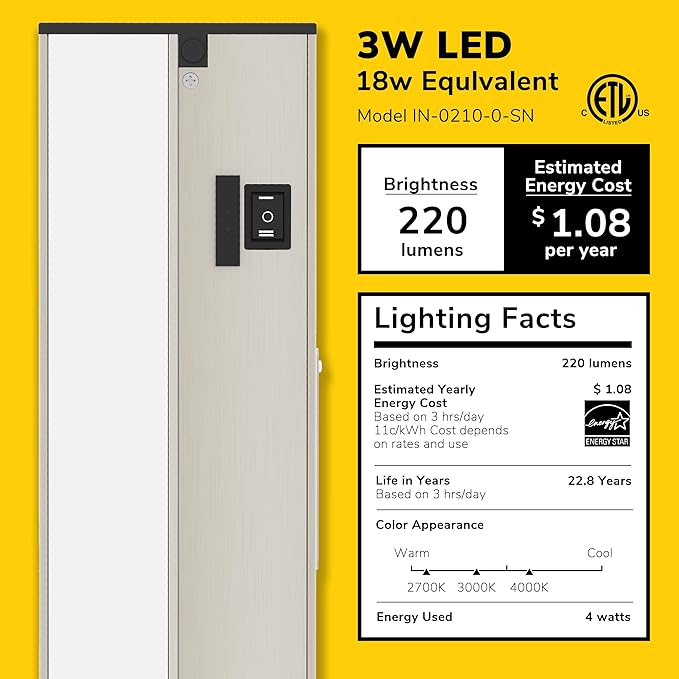 Getinlight 9-inch 3 Color Levels LED Under Cabinet Lighting, Hardwired or Plugged-in, Selectable White 2700K/3000K/4000K, Dimmable, Brushed Nickel Finished, IN-0210-0-SN
