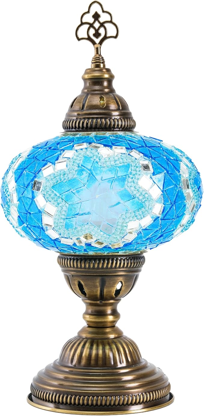 Turkish Mosaic Table Lamp with Bulb – Handmade Turquoise Blue Stained Glass Bedside Light, Authentic Vintage Boho Decor with E12 Socket & US Plug