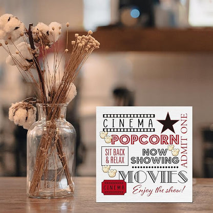 Vintage Movie Theater Decor, Movie Room Accessories, Retro Wooden Sign for Home Theater Gaming Room Desk Decoration 5 x 5 Inches