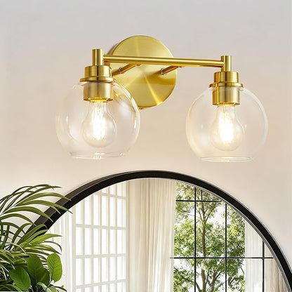 Gold Bathroom Vanity Lights, 2-Light Wall Sconce with Glass Globe Shade, Vanity Lighting for Bathroom/Bedroom/Dressing Room, Vertical/Horizontal Mounted, E26 Bulb Base (Bulb Not Included)