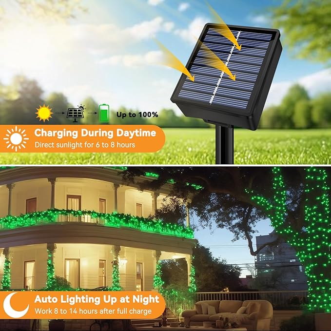 Solar String Lights Outdoor Waterproof 2 Pack Total 66ft 200LED 8 Modes Twinkle Lights Solar Fairy Lights for Patio, Garden Yard Party Wedding Tree Christmas Halloween Decoration, Green