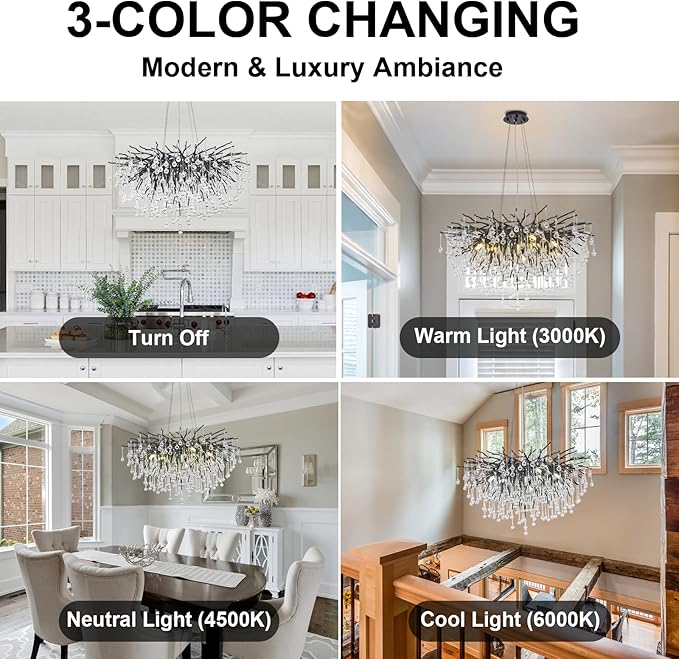 Chandeliers for Dining Room - 23.6" Modern Black Crystal Chandelier, Round Tree Branch Raindrop Chandelier, Foyer Chandeliers for Entryway, Living Room,Bedrooms,Bathroom(Bulb not Included)