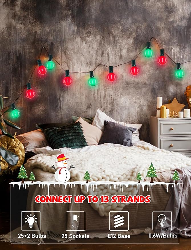G40 LED Christmas String Lights, 50FT Christmas G40 String Lights with 27 Shatterproof LED Clear Red Green Bulbs, Xmas Outdoor Decoration Lights for Patio Backyard Roofline Garden Yard