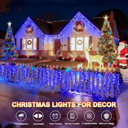 KNONEW Christmas Lights Outdoor Decorations 400 LED 33ft 8 Modes Curtain String Light with 75 Drops, Clear Wire LED Fairy Light Indoor Decor for Wedding Party Christmas Decorations(Blue)
