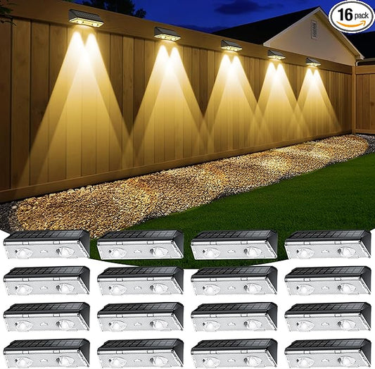 Solar Fence Lights Outdoor, 16 Pack IP65 Waterproof Fence Lights Solar Powered with Ultra-Bright LED Lens, 9 Color Modes, 12+ Hours Steady Glow for Deck/Backyard/Patio/Pool/Wall - Black