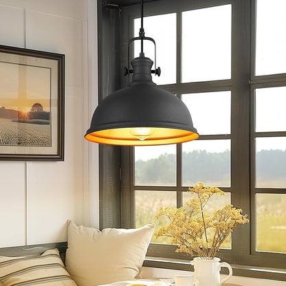 Pendant Lights Kitchen Island, Farmhouse Hanging Lights Fixtures with Metal Shade, Rustic Kitchen Pendant Lighting Over Island for Dining Room, Matte Black, AD-2151-1PL-BK